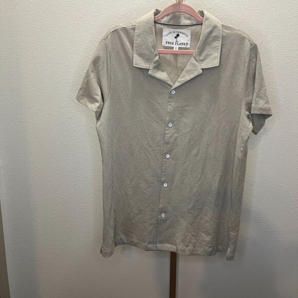 Free Planet Lost in Paradise Men Short Sleeve Button Up Knit Tan White Medium - Picture 1 of 6